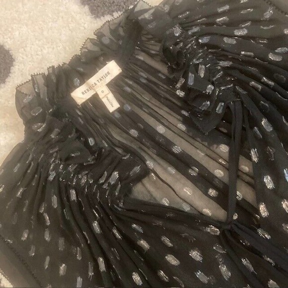 Rebecca Taylor $298 Women's 0 XS Black Metallic Print Ruffle Tie Neck Blouse - Picture 6 of 9